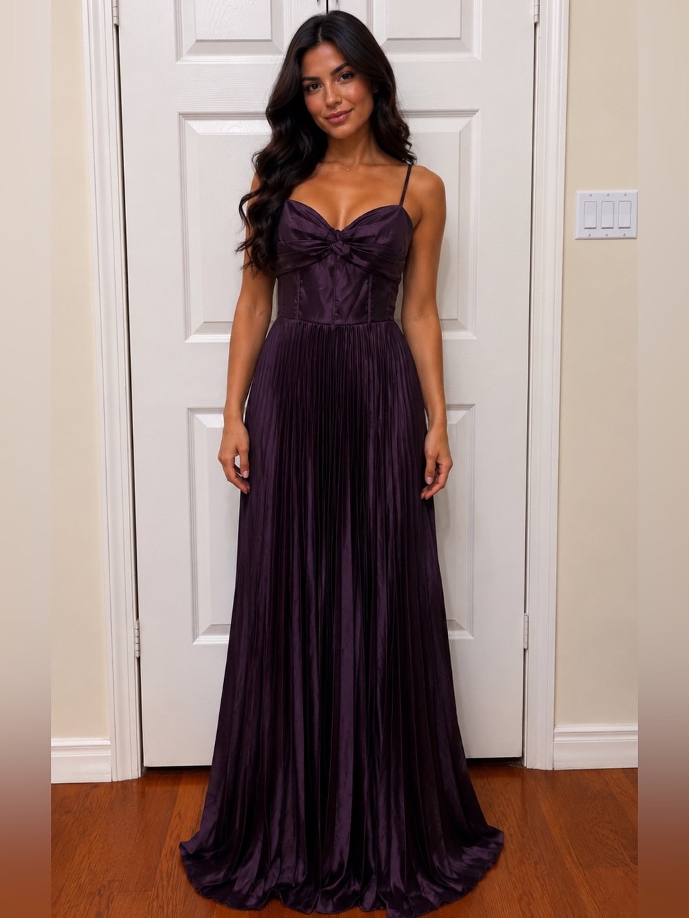 Elegant Plum Pleated Evening Gown - Spaghetti Strap